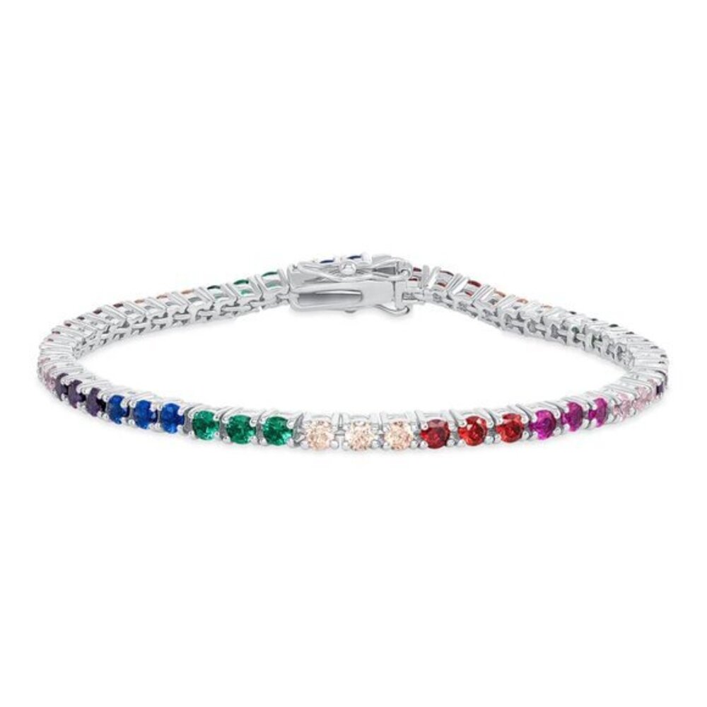 New 925 Sterling Silver Round Rainbow CZ Tennis Bracelet 7 inches